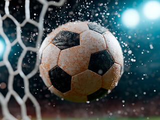Fototapeta premium Classic football shot as wet ball slams into net. The goal moment, goal impact, and goal energy explode in a perfect scene of sports triumph.