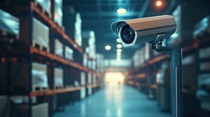 A surveillance camera monitors a warehouse, capturing security footage amidst stacks of boxes in a well-lit environment.