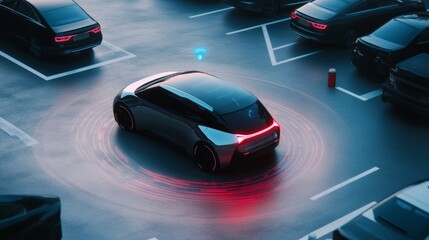 A futuristic AI powered autonomous vehicle testing self parking capabilities in an urban environment with real time obstacle recognition, Automotive technology style, photo of