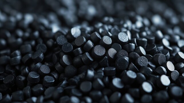 Close up of black rubber pellets a type of polymer resin.