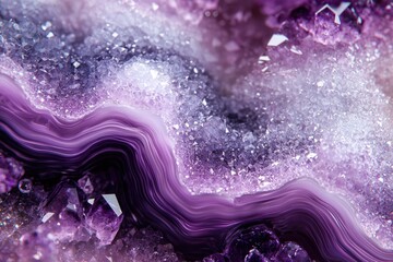 Detailed, close-up shot of a dazzling purple amethyst geode with intricate crystal formations and stunning color variations.