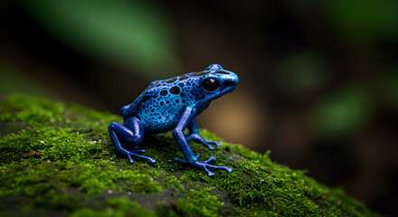 Obraz premium Vibrant blue poison dart frog perched on mossy rock in lush rainforest habitat