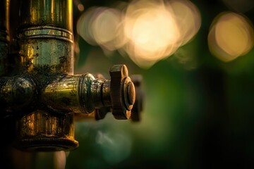 A close-up shot of a brass valve shows wear and oxidation against a blurred background with bokeh lights.
