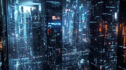 A futuristic AI powered cybersecurity hub with holographic firewalls and automated threat detection systems monitoring a smart city, Digital security style, photo of