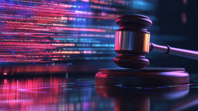 Digital illustration of a wooden judge's gavel on a reflective surface with glowing lines of code in the background, symbolizing law and technology.