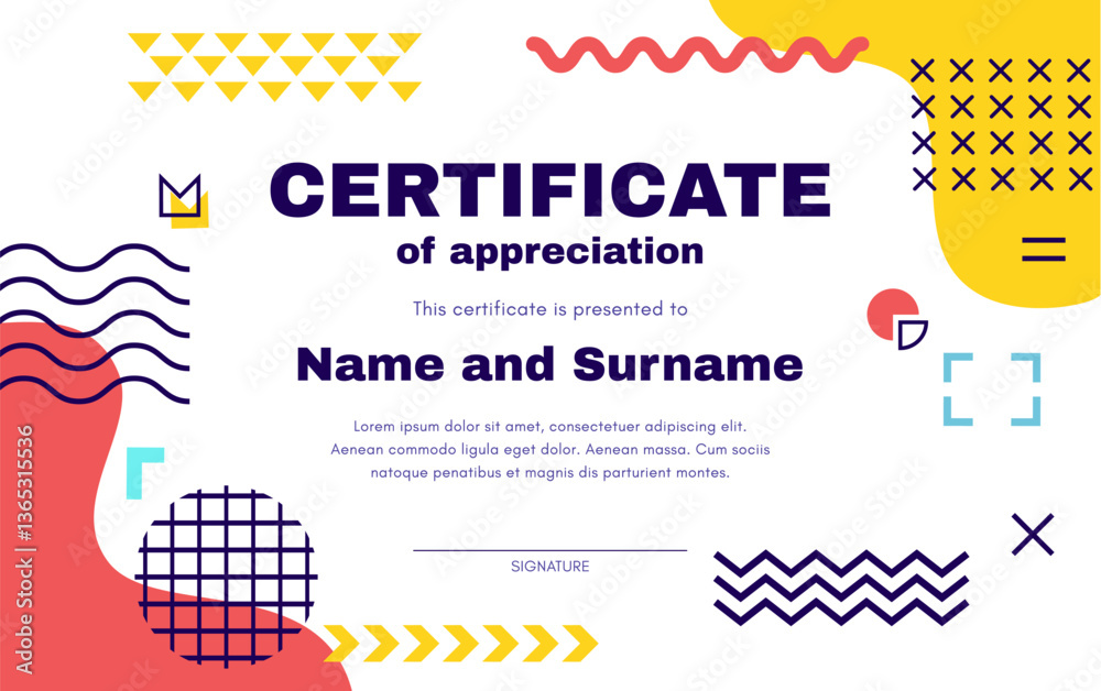 Poster Certificate template with geometric memphis shapes vector background frame. Abstract color line art graphic certificate and diploma of appreciation horizontal template with geometric memphis pattern