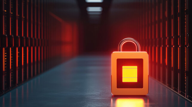 glowing padlock symbolizing cybersecurity stands in dimly lit server room, emphasizing data protection and secure systems