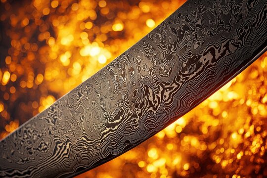 Close-up of a Damascus steel blade with intricate patterns against a warm, bokeh-filled background, showcasing craftsmanship.