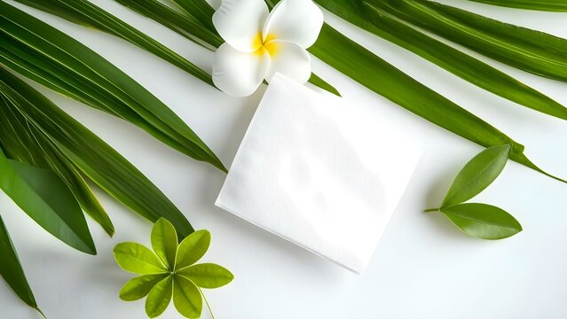 A white napkin surrounded by green leaves and a white flower on a light background. Concept Elegant Table Setting, Nature-Inspired Decor, Floral Accents, Minimalist Aesthetic, Light Color Palette