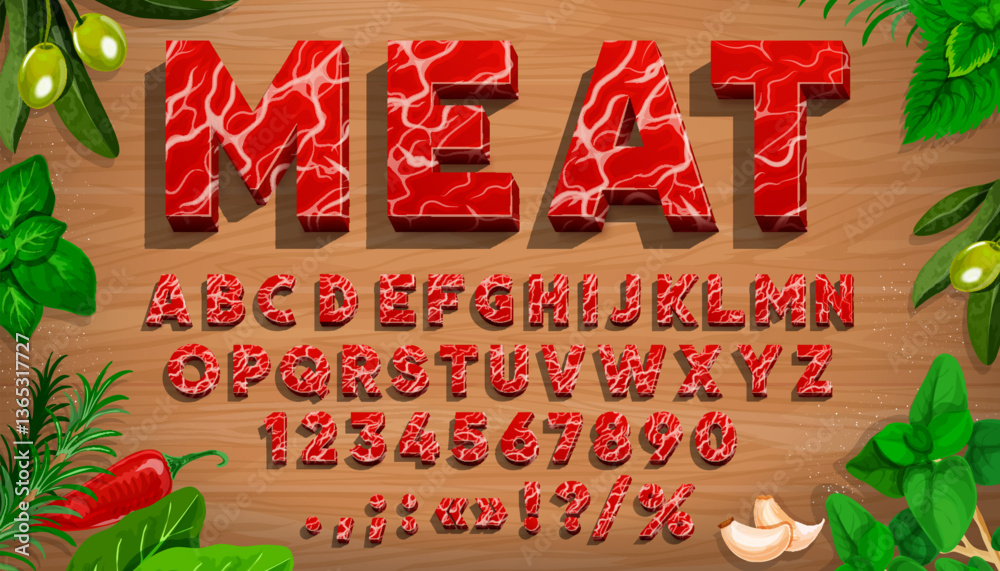 Fototapete butcher type, meat font, grill beef typeface, bbq letters alphabet at vector background of wood tabl
