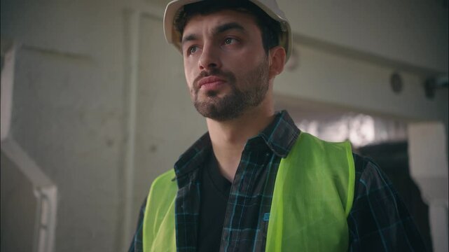 Thoughtful pensive Caucasian man builder industry engineer manufacture worker thinking writing construction plan foreman inspecting male in hard hat architect guy correct paper build project analysing