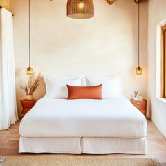Mediterranean-style hotel suite with a white linen bed, terracotta accents, and warm golden lighting