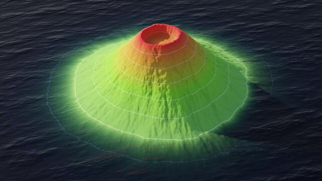 Intended 3D model of an underwater volcano uses bathymetric contours and photogrammetry to map its relief. Concept of formation of volcanic islands in the ocean. Seamless loop. 3D render.