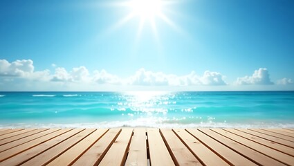 Fototapeta premium Sunny beach turquoise water wooden dock bright day