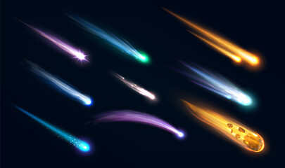 Realistic galaxy space meteors, comets and asteroids with flame trails. 3d vector falling fiery meteorites, shooting stars, cosmic fireballs streaking the night starry sky with colorful glowing tails © Vector Tradition
