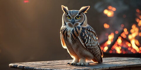 Majestic owl perched on wooden table with bonfire in background