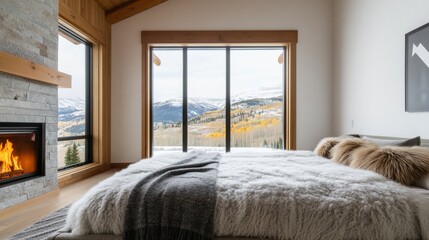 High-end mountain lodge bedroom with a soft wool-covered bed, a fireplace, and a stunning view