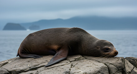 Fototapeta premium Solitary Northern Fur Seal basking on rugged coastal rocks in its natural habitat
