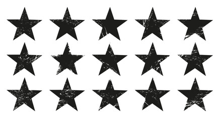 Grunge stars, vector set of black five pointed stars with a distressed, grunge texture and worn out effect. Isolated monochrome twinkle icons with rough, edgy look, vintage, retro, or urban aesthetic