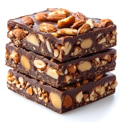 Three rich dark chocolate bars with almonds and nuts are stacked neatly on a white background.