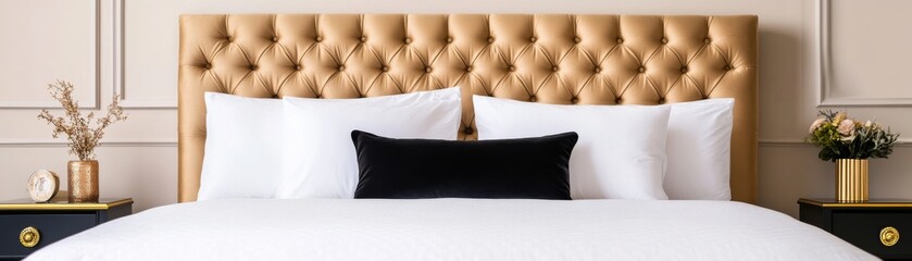 Glamorous hotel bed with an oversized tufted headboard, gold-and-black decor, and vintage charm