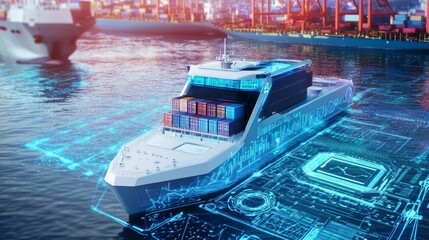 A futuristic AI powered self driving cargo ship navigating through an optimized global logistics network, Maritime technology style, photo of