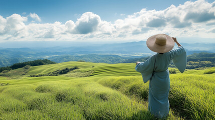 高原の草原で風を感じる麦わら帽子の女性
