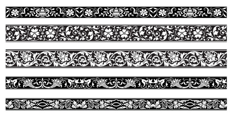 Set of decorative floral seamless ornamental border - Vector modular