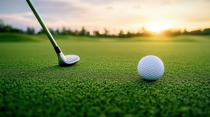A golf club prepares to strike a white ball on a lush green course, illuminated by a beautiful sunset in the background.