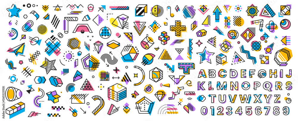 Aufkleber Abstract geometric memphis shapes and elements. Vector line art shapes and english alphabet font with modern graphic memphis pattern. Abstract geometric figures and outline color letters type set