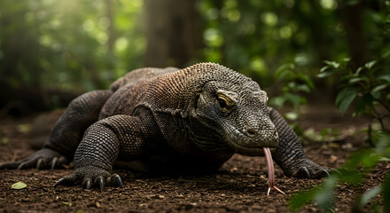 Obraz premium Majestic Komodo Dragon Observing its Surroundings with its Tongue Extended