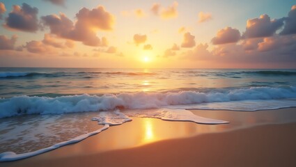 Fototapeta premium Serene sunset beach waves golden hour glow