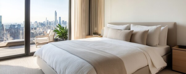 Rooftop penthouse suite bed with an outdoor terrace, soft neutral bedding, and breathtaking skyline views