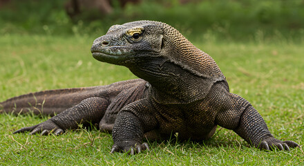 Obraz premium Majestic Komodo Dragon Resting Peacefully in Lush Green Meadow Habitat