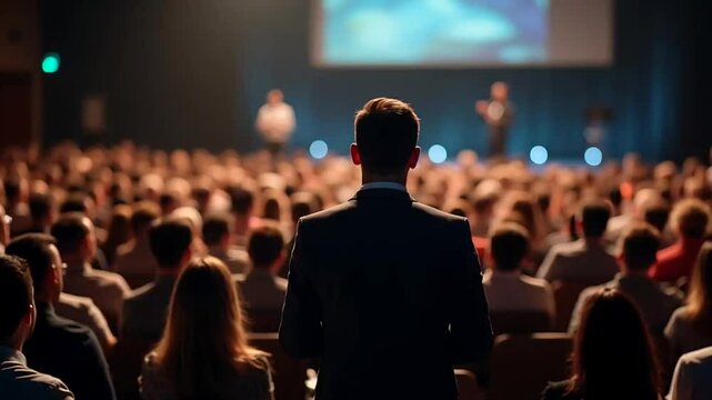 A large auditorium filled with people sitting on chairs. In the foreground is a man in a suit, with his back to the camera, looking at the stage. There are two people on the stage, one of whom speaks 