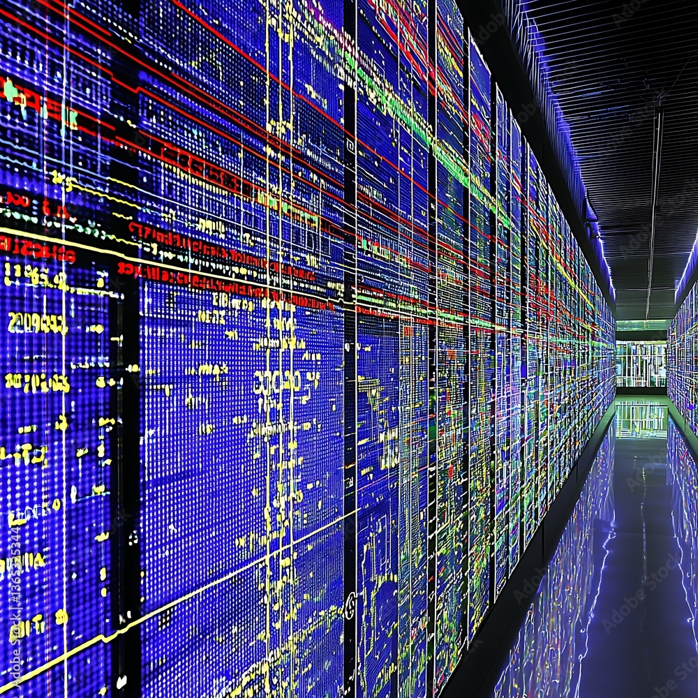Poster digital data wall with colorful binary code and technology display