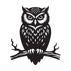 Obraz premium Majestic Owl on Branch: Black and White Wildlife Vector Art