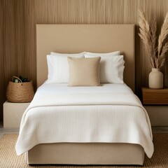 Spa retreat hotel room with a cozy bed, organic cotton bedding, and relaxing zen-inspired decor