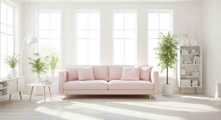 Fototapeta premium Bright and airy living room with pastel pink sofa and lush greenery, promoting comfort