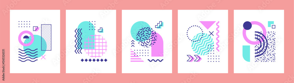 Poster Abstract geometric Memphis posters with graphic shapes and elements exude creativity and dynamic energy in trendy retro modern style. Vector card or cover templates with vivid colors and patterns