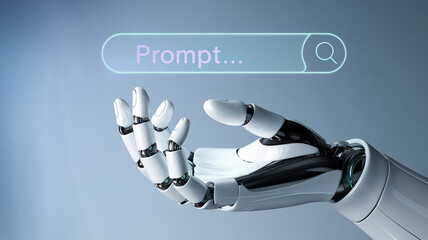 Robotic hand presenting a glowing search bar with "Promptâ€¦" text, symbolizing AI assistance and user interaction in digital technology, showcasing futuristic concept
