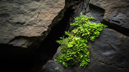 岩の割れ目から広がる苔が映す生命のたくましさ