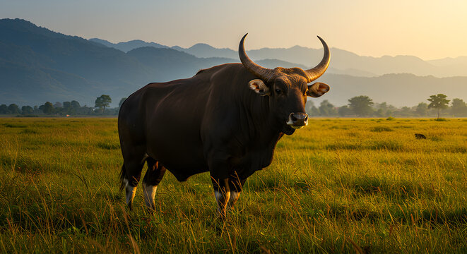 Majestic Kouprey Bull Standing Proudly in Golden Southeast Asian Grasslands