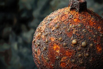 Macro shot showcases a rusted metal sphere with a bumpy texture and oxidized shades of orange and brown against dark background.