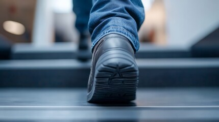 Person walking up stairs in modern building wearing casual attire with focus on footwear and jeans