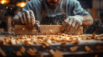 Carpenter Shaping Wood in Workshop