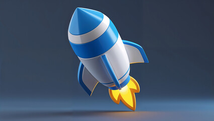 A vibrant blue and white rocket ship soaring into the vast expanse of space, symbolizing ambition and a bold new beginning against a deep blue backdrop.