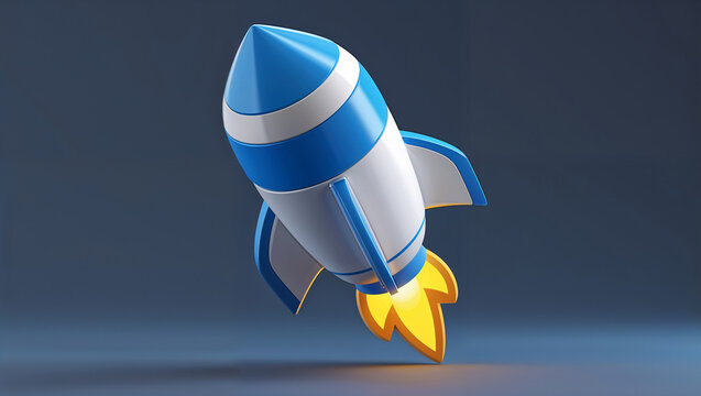 A vibrant blue and white rocket ship soaring into the vast expanse of space, symbolizing ambition and a bold new beginning against a deep blue backdrop.