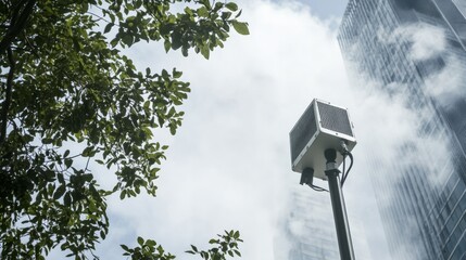 A high tech AI controlled environmental monitoring system tracking air quality and pollution levels in real time across urban areas, Environmental monitoring style, photo of