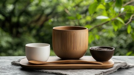 A wooden tray with three cups and a spoon sits on a gray tablecloth.